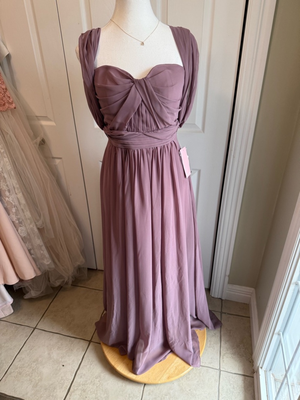 Birdy Grey Mauve Chiffon Maxi Dress with Ruched Bodice